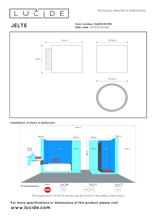 Lucide JELTE - Wandlamp Badkamer - 1xG9 - IP44 - Zwart - technisch